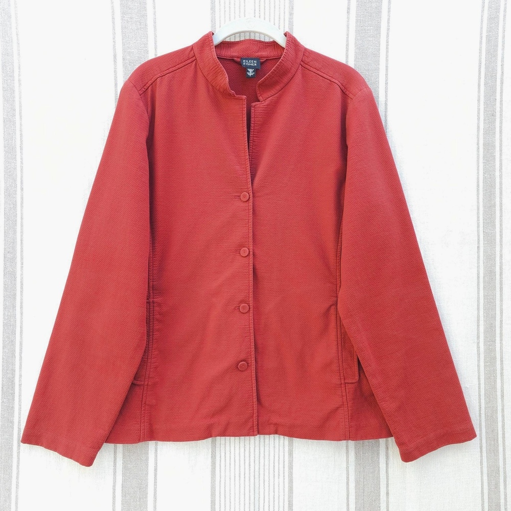 Eileen Fisher Jacket Womens Large Red Cotton High Collar Classic Garden Coat